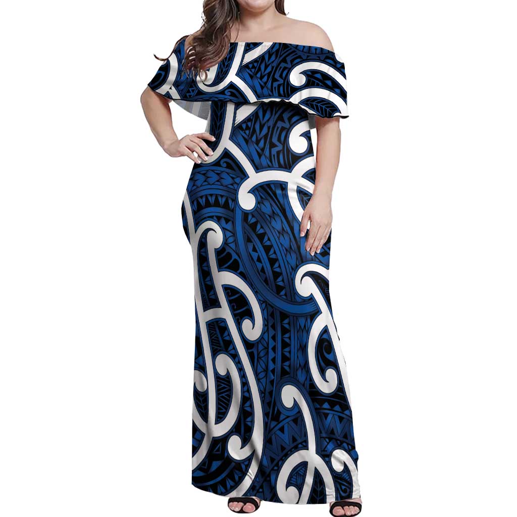 Aotearoa Maori Kowhaiwhai Off Shoulder Maxi Dress Kikorangi Puhoro and Patiki LT9 Women Blue - Polynesian Pride