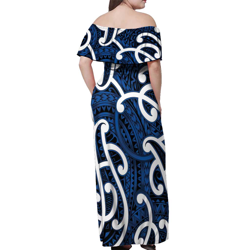 Aotearoa Maori Kowhaiwhai Off Shoulder Maxi Dress Kikorangi Puhoro and Patiki LT9 - Polynesian Pride