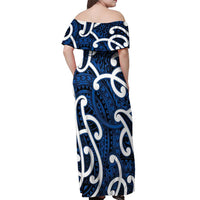 Aotearoa Maori Kowhaiwhai Off Shoulder Maxi Dress Kikorangi Puhoro and Patiki LT9 - Polynesian Pride