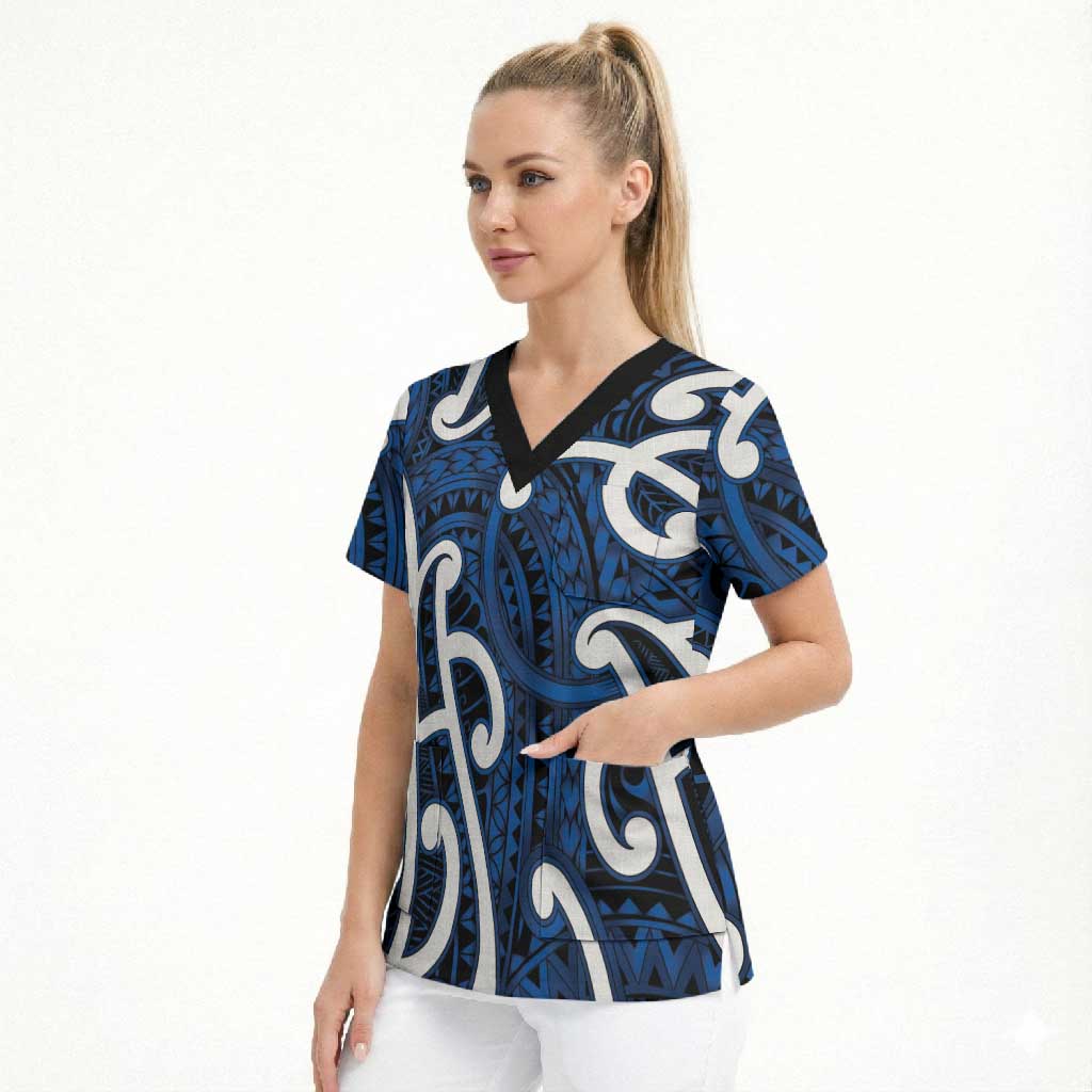 Aotearoa Maori Kowhaiwhai Scrub Top Kikorangi Puhoro and Patiki