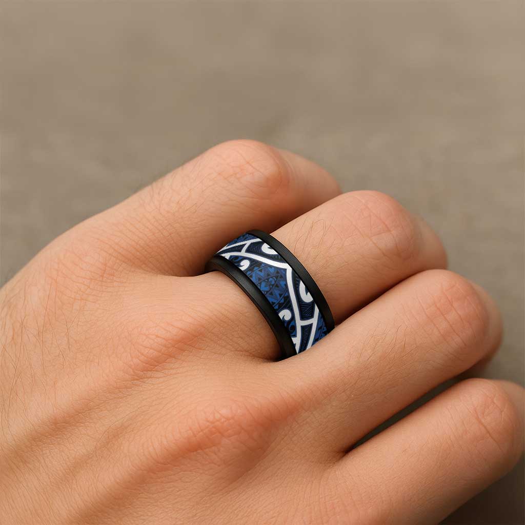 Aotearoa Maori Kowhaiwhai Spinner Ring Kikorangi Puhoro and Patiki