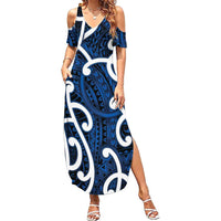 Aotearoa Maori Kowhaiwhai Summer Maxi Dress Kikorangi Puhoro and Patiki LT9 Women Blue - Polynesian Pride
