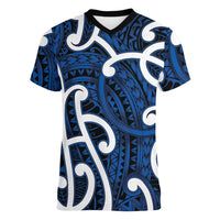 Aotearoa Maori Kowhaiwhai Women V-Neck T-Shirt Kikorangi Puhoro and Patiki LT9 Female Blue - Polynesian Pride