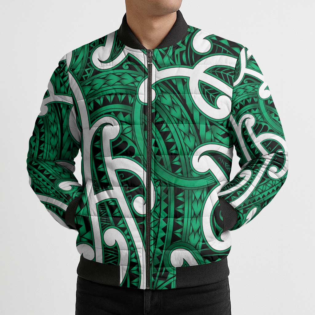 Aotearoa Maori Kowhaiwhai Bomber Puffer Jacket Kakariki Puhoro and Patiki
