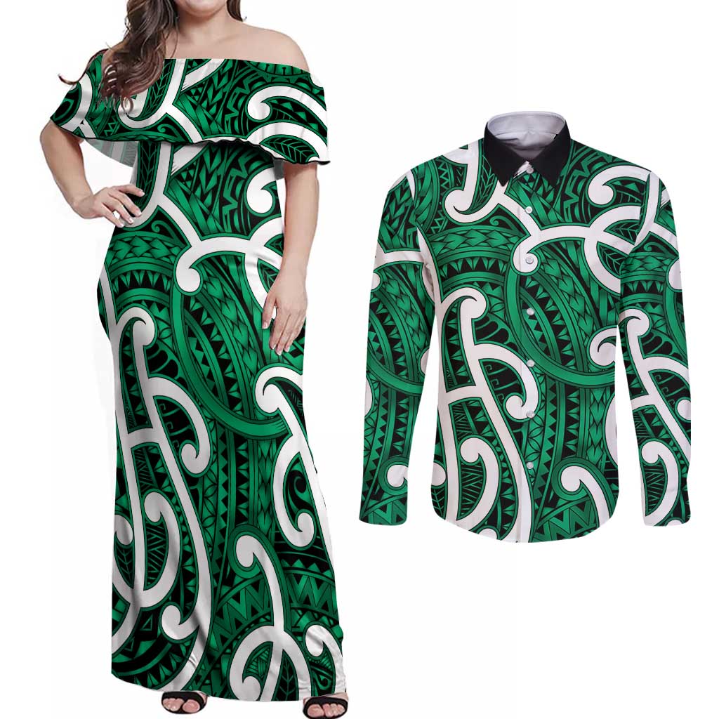 Aotearoa Maori Kowhaiwhai Couples Matching Off Shoulder Maxi Dress and Long Sleeve Button Shirt Kakariki Puhoro and Patiki