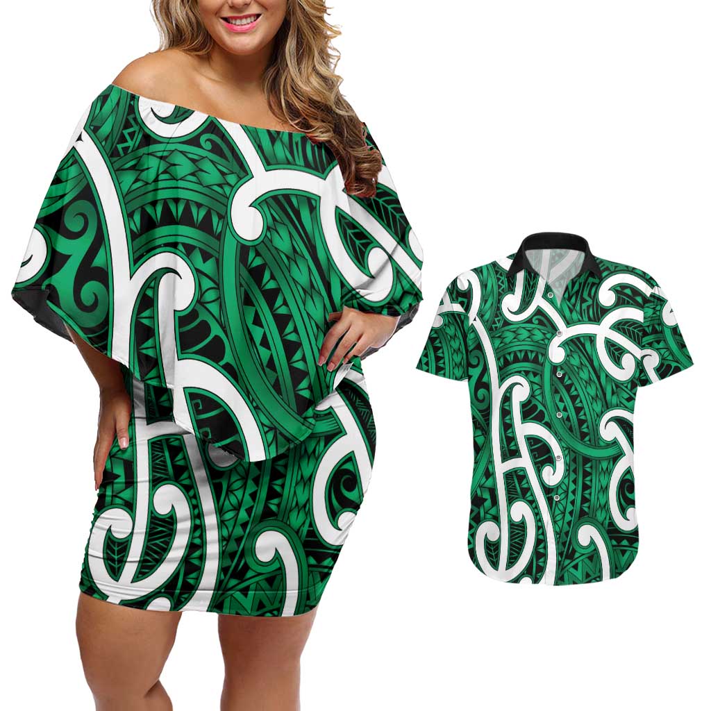 Aotearoa Maori Kowhaiwhai Couples Matching Off Shoulder Short Dress and Hawaiian Shirt Kakariki Puhoro and Patiki LT9 Green - Polynesian Pride