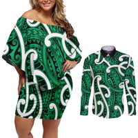 Aotearoa Maori Kowhaiwhai Couples Matching Off Shoulder Short Dress and Long Sleeve Button Shirt Kakariki Puhoro and Patiki LT9 Green - Polynesian Pride