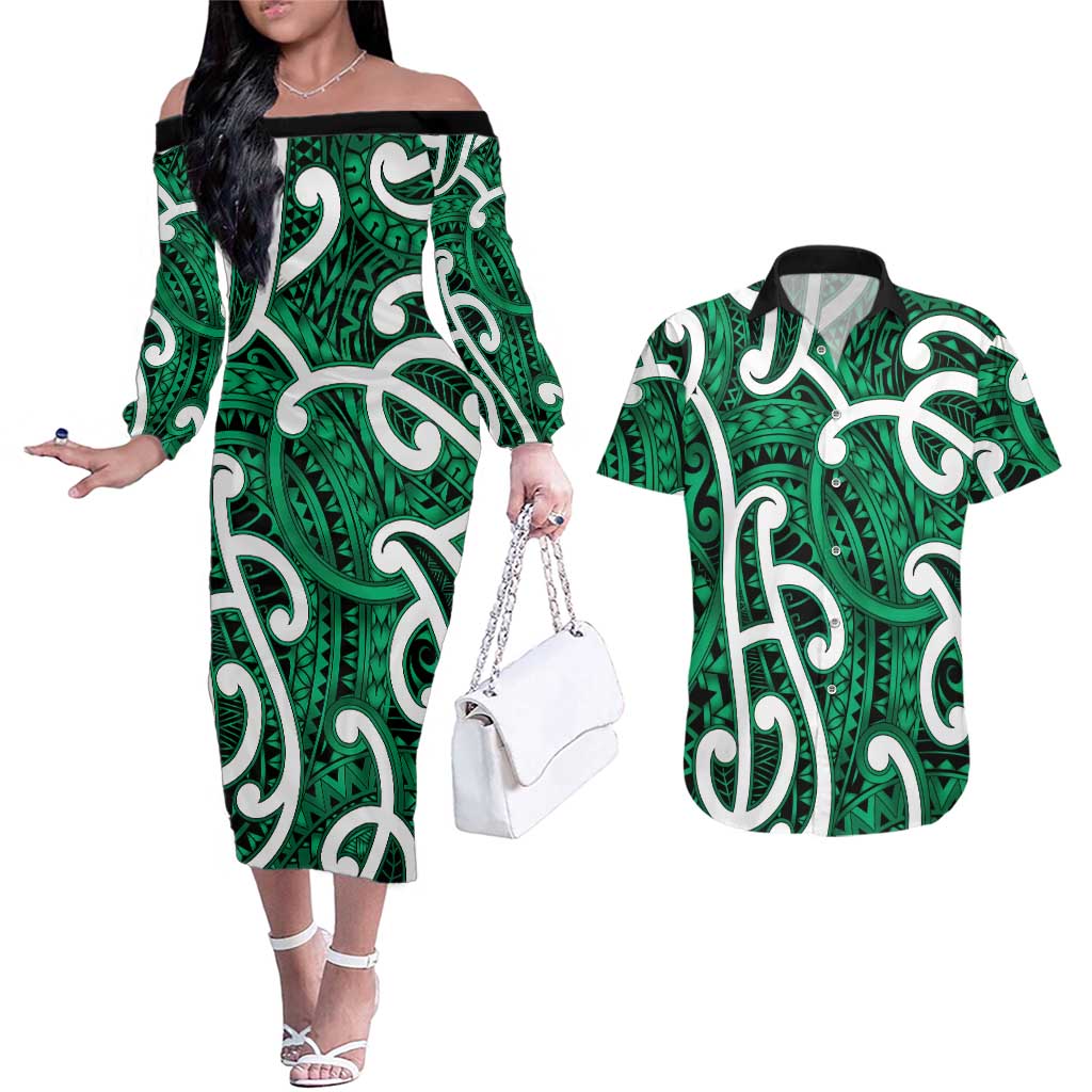 Aotearoa Maori Kowhaiwhai Couples Matching Off The Shoulder Long Sleeve Dress and Hawaiian Shirt Kakariki Puhoro and Patiki LT9 Green - Polynesian Pride