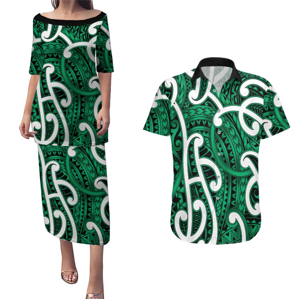 Aotearoa Maori Kowhaiwhai Couples Matching Puletasi and Hawaiian Shirt Kakariki Puhoro and Patiki LT9 Green - Polynesian Pride
