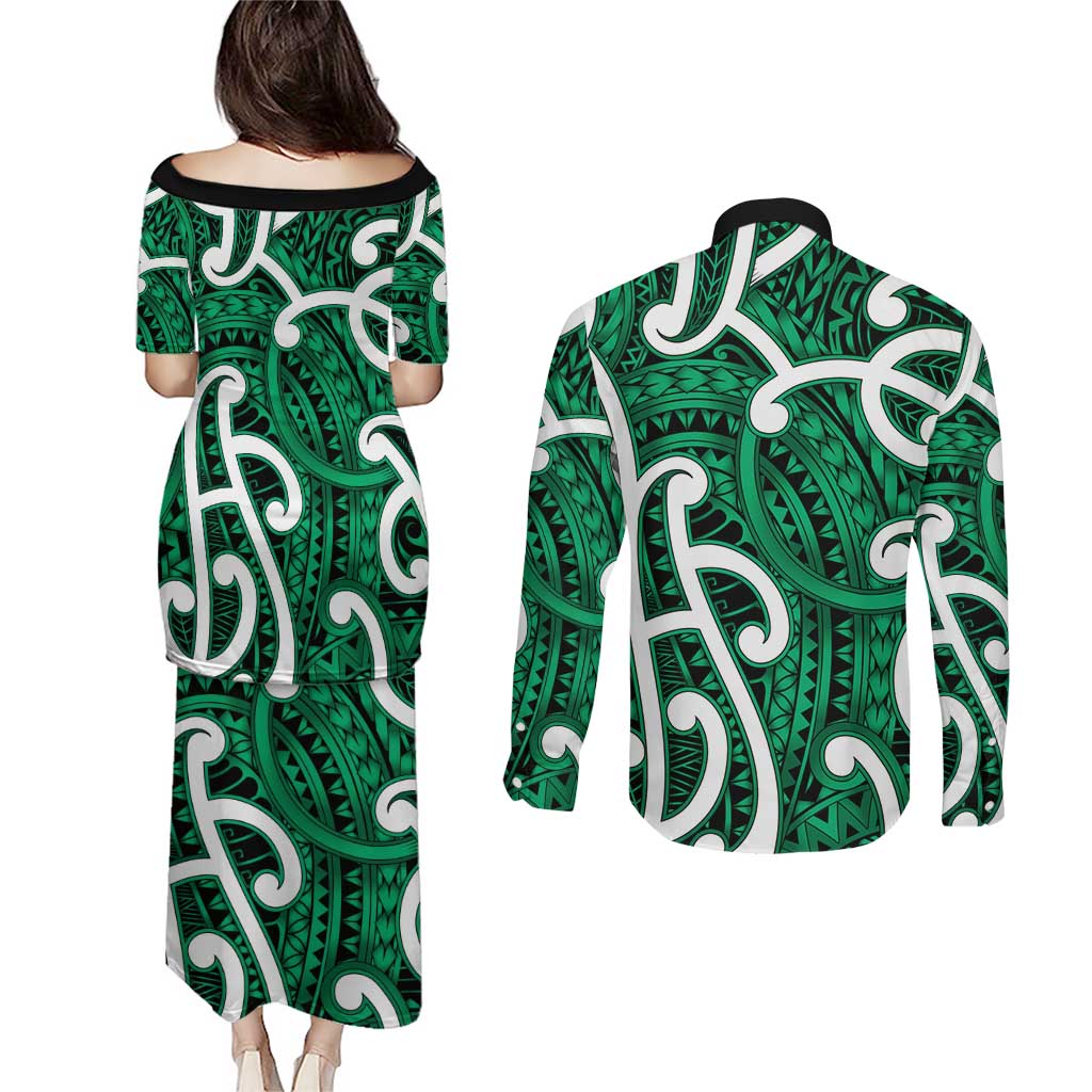 Aotearoa Maori Kowhaiwhai Couples Matching Puletasi and Long Sleeve Button Shirt Kakariki Puhoro and Patiki