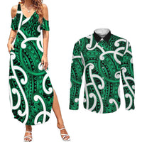 Aotearoa Maori Kowhaiwhai Couples Matching Summer Maxi Dress and Long Sleeve Button Shirt Kakariki Puhoro and Patiki LT9 Green - Polynesian Pride