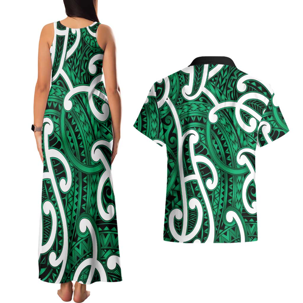 Aotearoa Maori Kowhaiwhai Couples Matching Tank Maxi Dress and Hawaiian Shirt Kakariki Puhoro and Patiki LT9 - Polynesian Pride