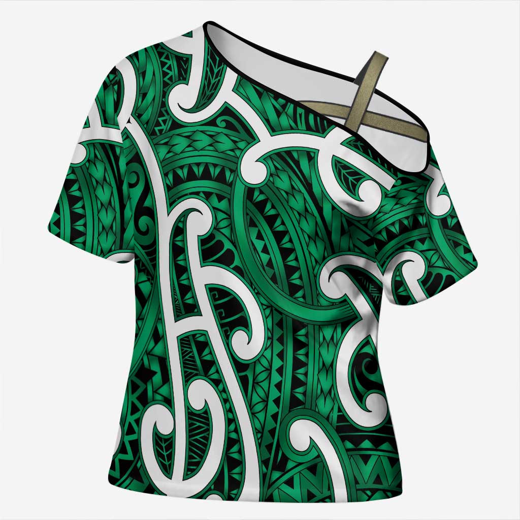 Aotearoa Maori Kowhaiwhai Cross Shoulder Shirt Kakariki Puhoro and Patiki LT9 Female Green - Polynesian Pride
