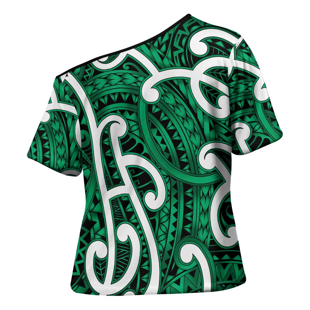 Aotearoa Maori Kowhaiwhai Cross Shoulder Shirt Kakariki Puhoro and Patiki LT9 - Polynesian Pride