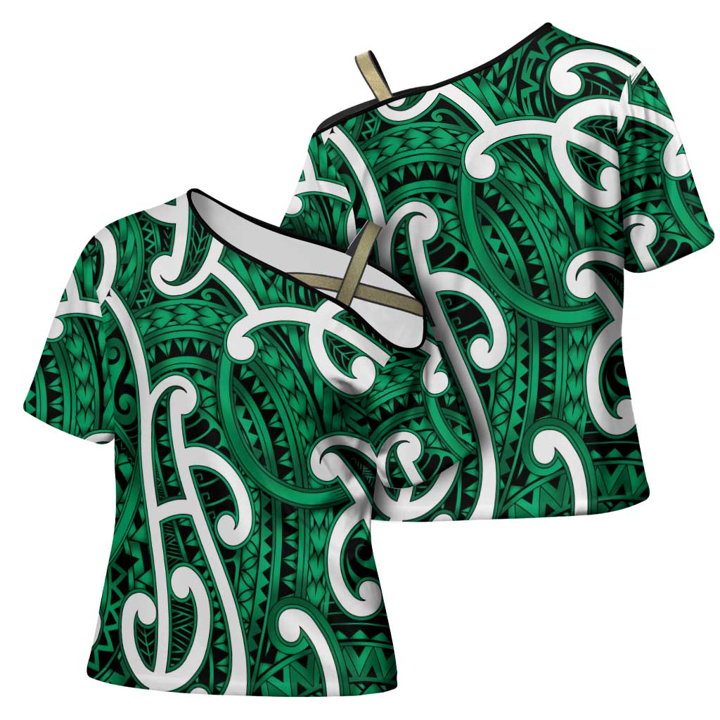 Aotearoa Maori Kowhaiwhai Cross Shoulder Shirt Kakariki Puhoro and Patiki LT9 - Polynesian Pride