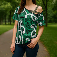 Aotearoa Maori Kowhaiwhai Cross Shoulder Shirt Kakariki Puhoro and Patiki LT9 - Polynesian Pride