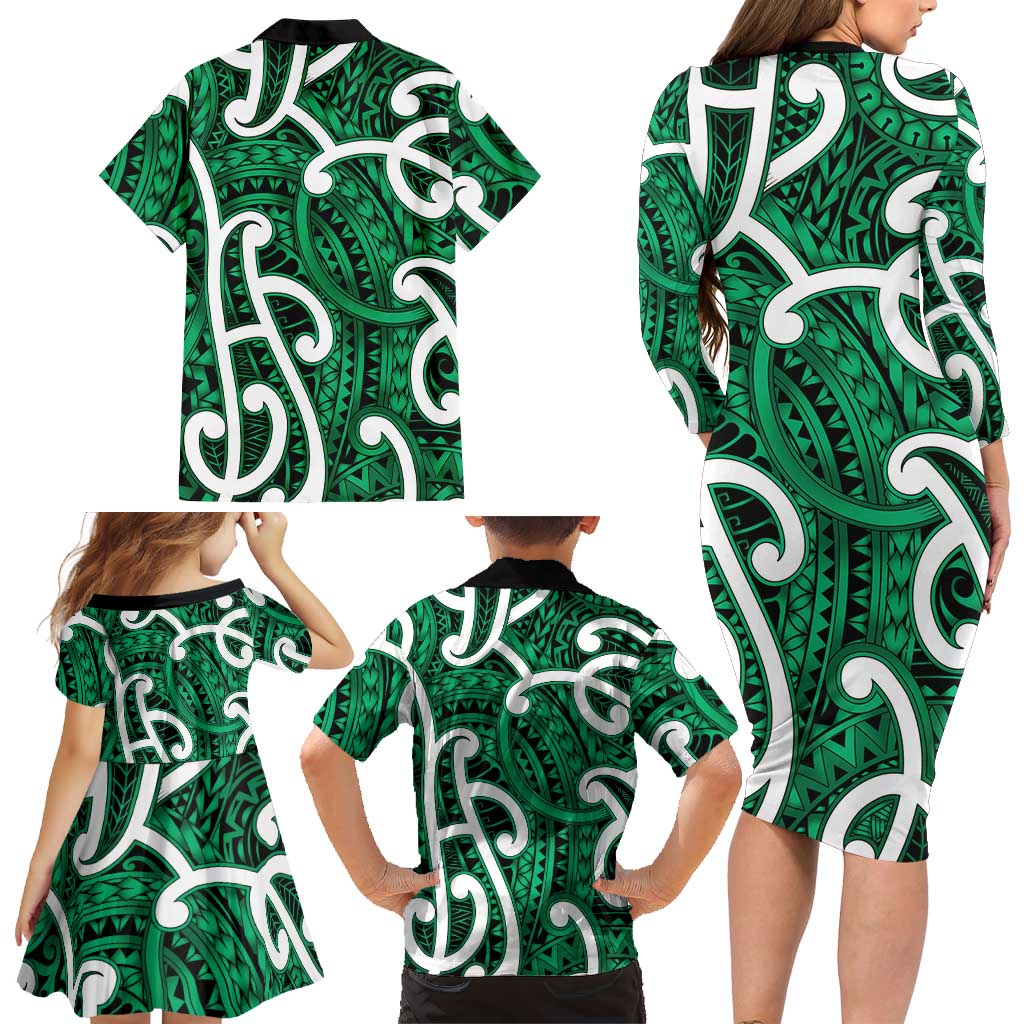 Aotearoa Maori Kowhaiwhai Family Matching Long Sleeve Bodycon Dress and Hawaiian Shirt Kakariki Puhoro and Patiki LT9 - Polynesian Pride