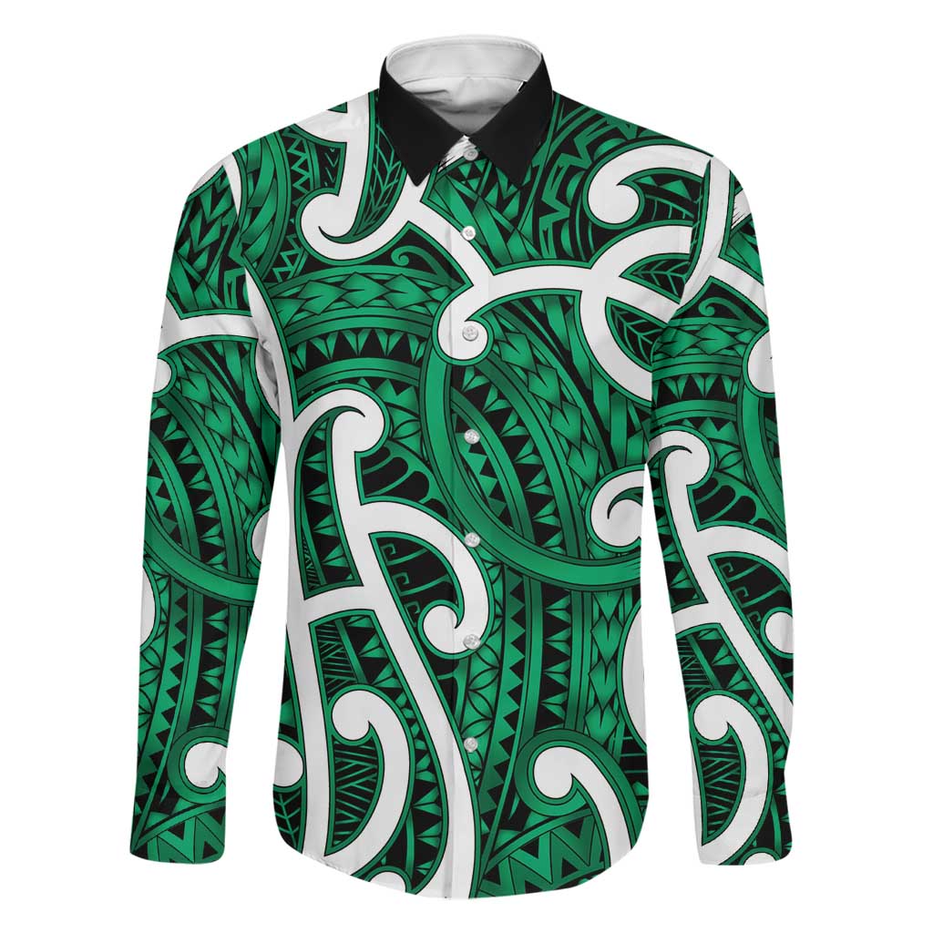 Aotearoa Maori Kowhaiwhai Family Matching Mermaid Dress and Hawaiian Shirt Kakariki Puhoro and Patiki LT9 Dad's Shirt - Long Sleeve Green - Polynesian Pride