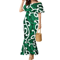 Aotearoa Maori Kowhaiwhai Family Matching Mermaid Dress and Hawaiian Shirt Kakariki Puhoro and Patiki LT9 Mom's Dress Green - Polynesian Pride