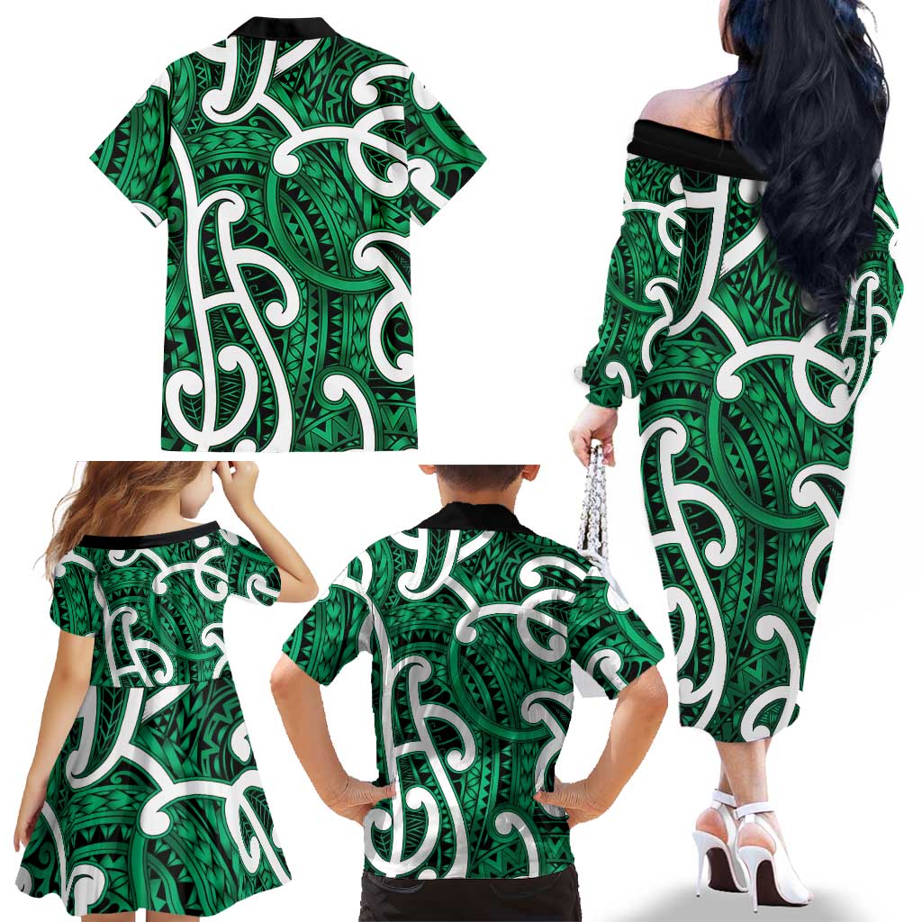 Aotearoa Maori Kowhaiwhai Family Matching Off The Shoulder Long Sleeve Dress and Hawaiian Shirt Kakariki Puhoro and Patiki LT9 - Polynesian Pride