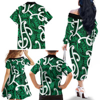 Aotearoa Maori Kowhaiwhai Family Matching Off The Shoulder Long Sleeve Dress and Hawaiian Shirt Kakariki Puhoro and Patiki LT9 - Polynesian Pride
