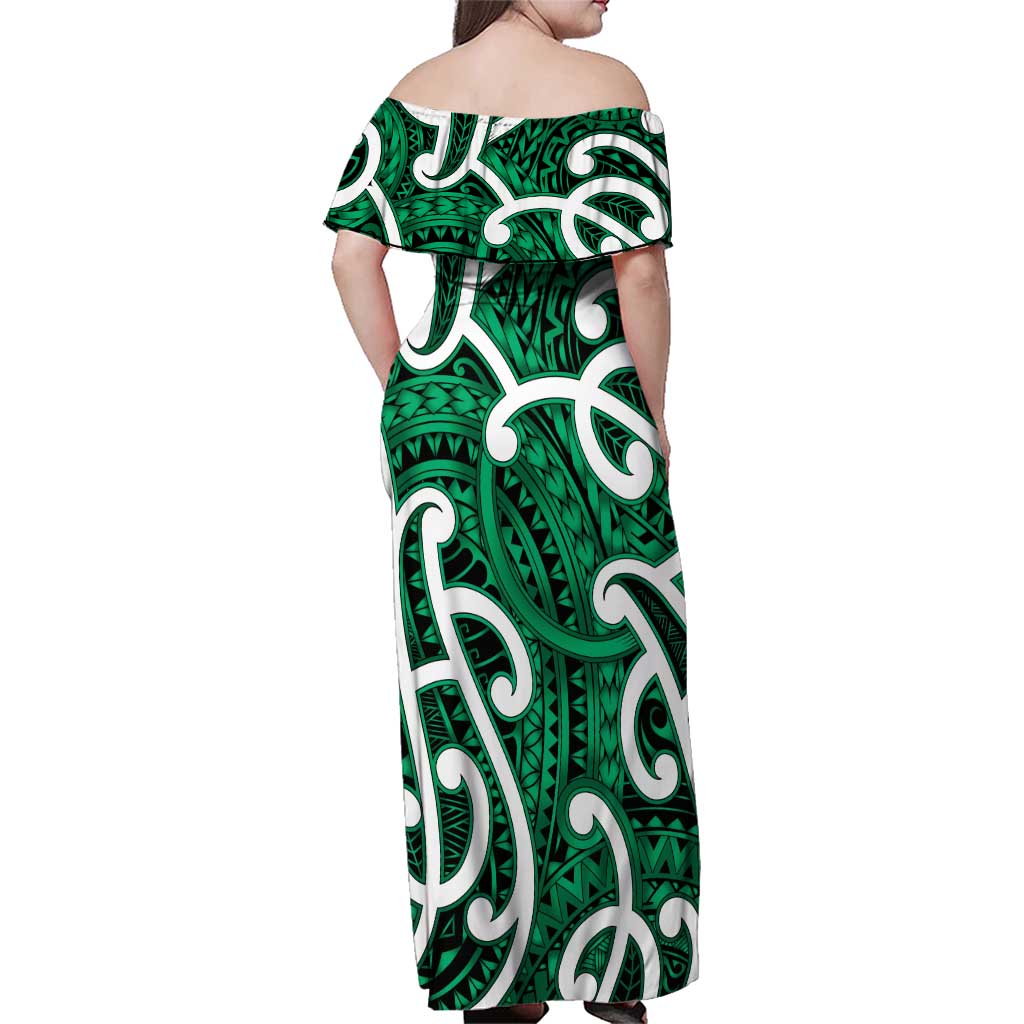 Aotearoa Maori Kowhaiwhai Family Matching Off Shoulder Maxi Dress and Hawaiian Shirt Kakariki Puhoro and Patiki LT9 - Polynesian Pride