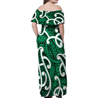 Aotearoa Maori Kowhaiwhai Family Matching Off Shoulder Maxi Dress and Hawaiian Shirt Kakariki Puhoro and Patiki LT9 - Polynesian Pride