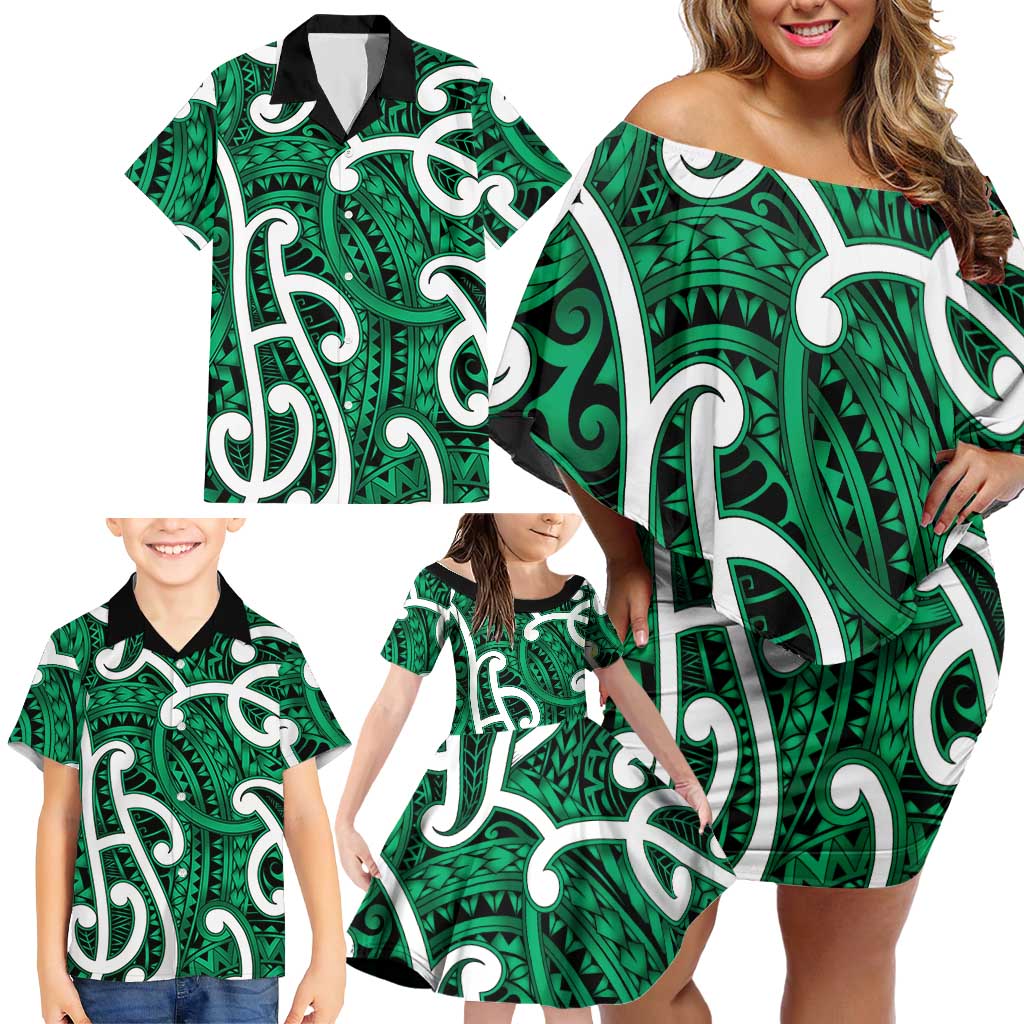 Aotearoa Maori Kowhaiwhai Family Matching Off Shoulder Short Dress and Hawaiian Shirt Kakariki Puhoro and Patiki LT9 - Polynesian Pride