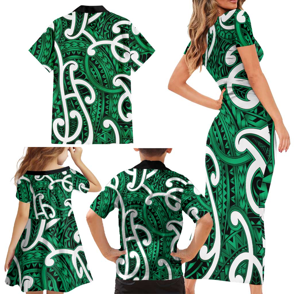 Aotearoa Maori Kowhaiwhai Family Matching Short Sleeve Bodycon Dress and Hawaiian Shirt Kakariki Puhoro and Patiki LT9 - Polynesian Pride