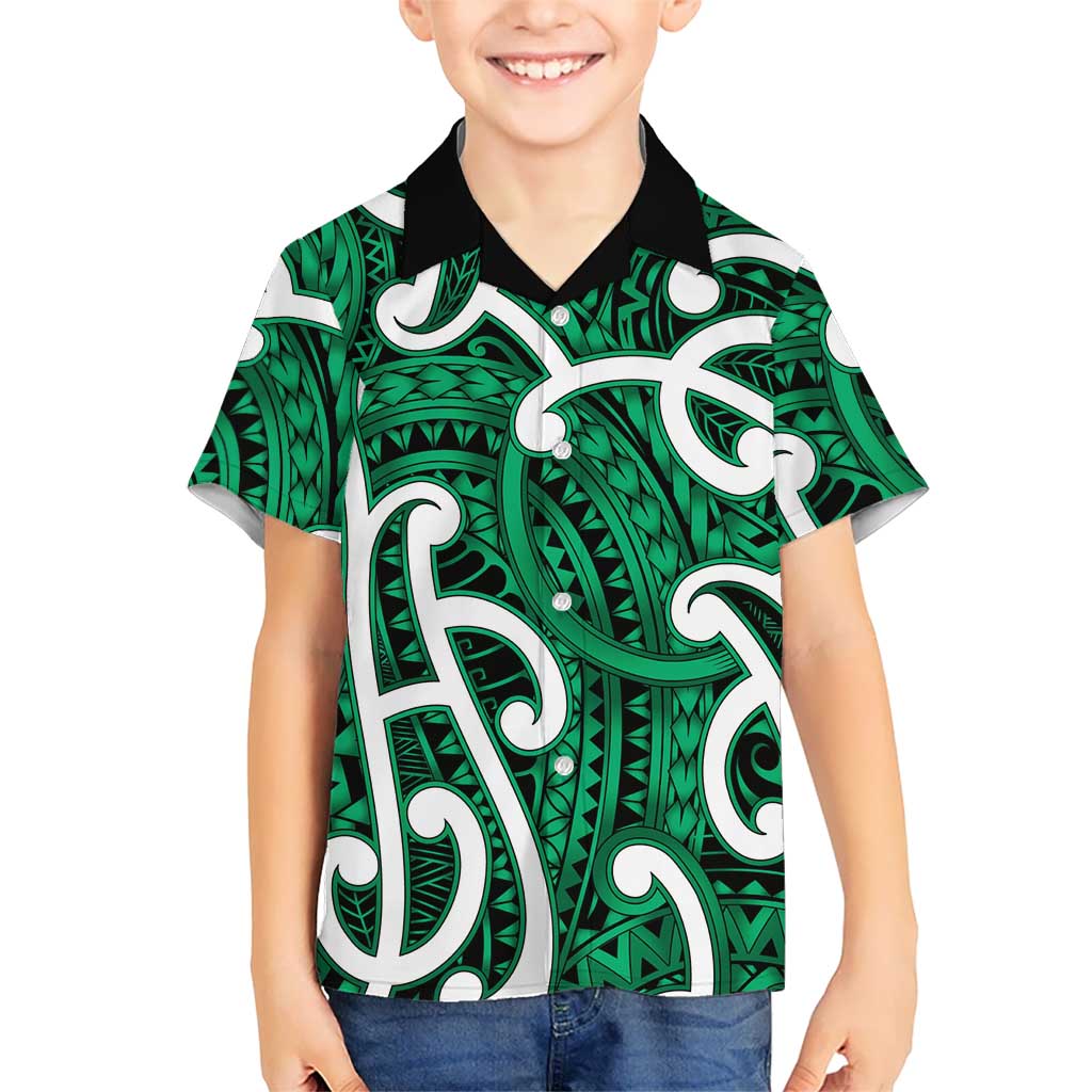 Aotearoa Maori Kowhaiwhai Family Matching Summer Maxi Dress and Hawaiian Shirt Kakariki Puhoro and Patiki LT9 Son's Shirt Green - Polynesian Pride