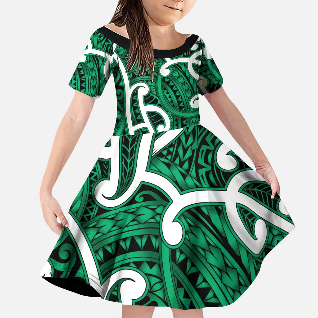 Aotearoa Maori Kowhaiwhai Family Matching Tank Maxi Dress and Hawaiian Shirt Kakariki Puhoro and Patiki LT9 Daughter's Dress Green - Polynesian Pride