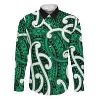 Aotearoa Maori Kowhaiwhai Family Matching Tank Maxi Dress and Hawaiian Shirt Kakariki Puhoro and Patiki LT9 Dad's Shirt - Long Sleeve Green - Polynesian Pride