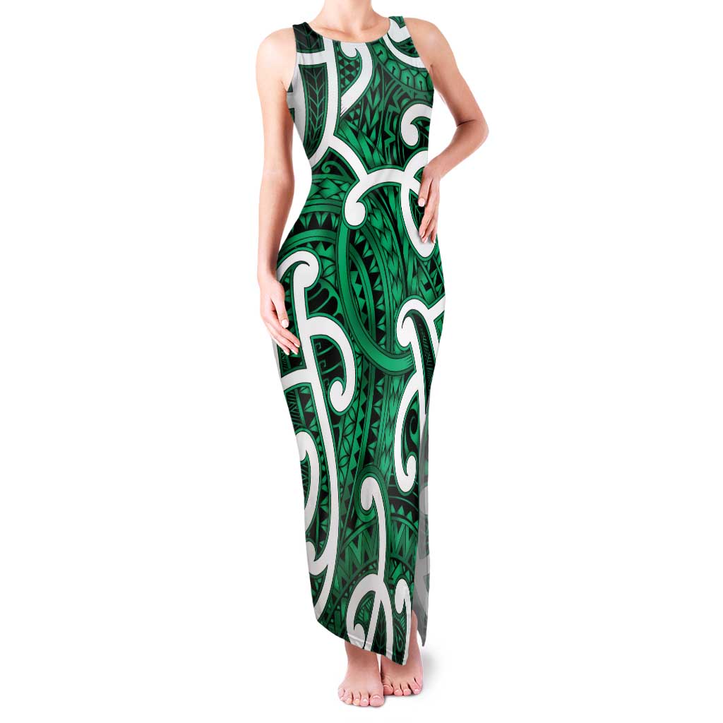 Aotearoa Maori Kowhaiwhai Family Matching Tank Maxi Dress and Hawaiian Shirt Kakariki Puhoro and Patiki LT9 Mom's Dress Green - Polynesian Pride