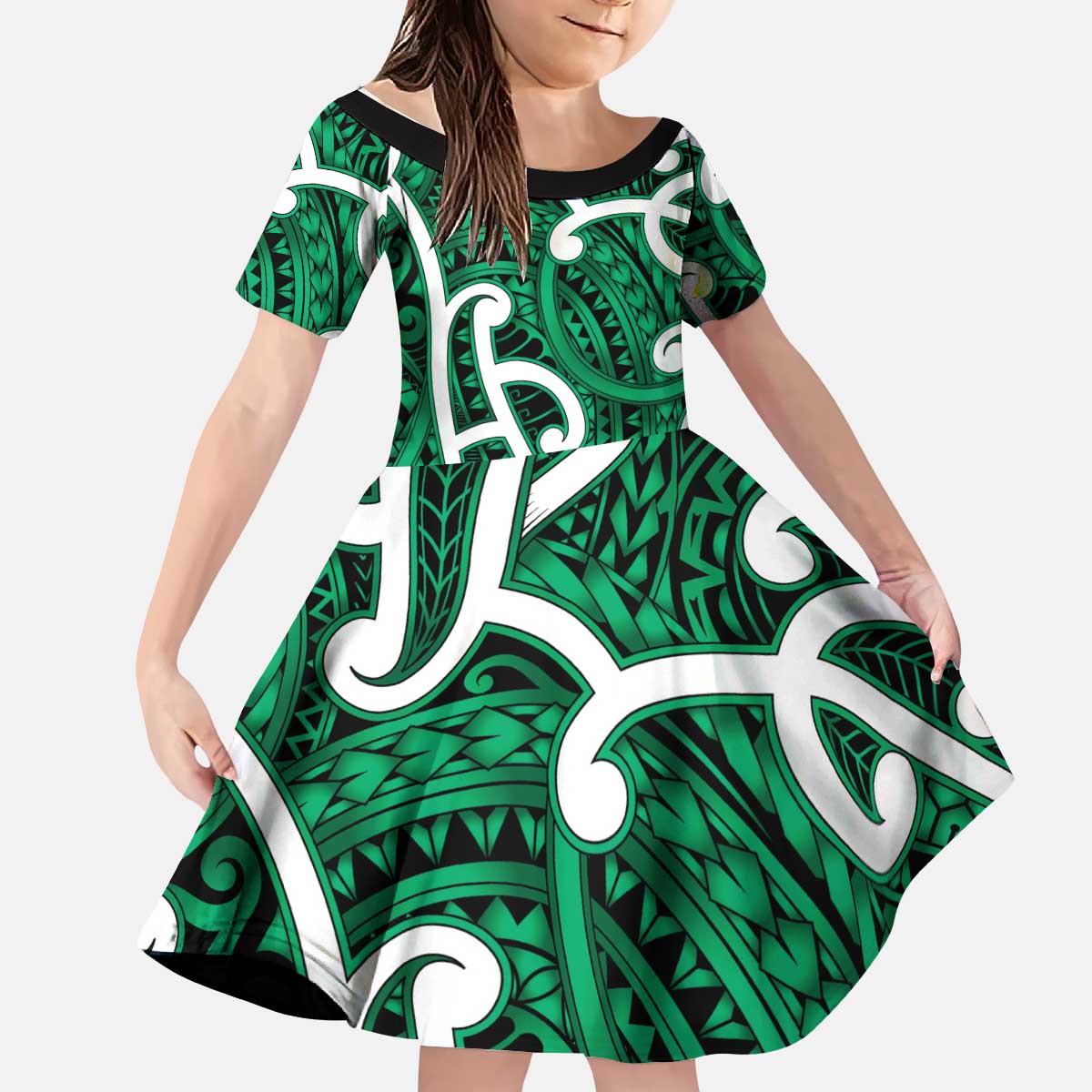 Aotearoa Maori Kowhaiwhai Kid Short Sleeve Dress Kakariki Puhoro and Patiki LT9 KID Green - Polynesian Pride