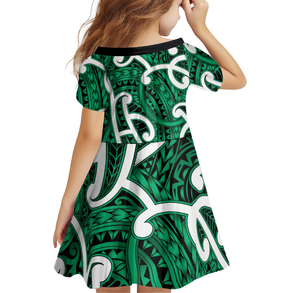 Aotearoa Maori Kowhaiwhai Kid Short Sleeve Dress Kakariki Puhoro and Patiki LT9 - Polynesian Pride