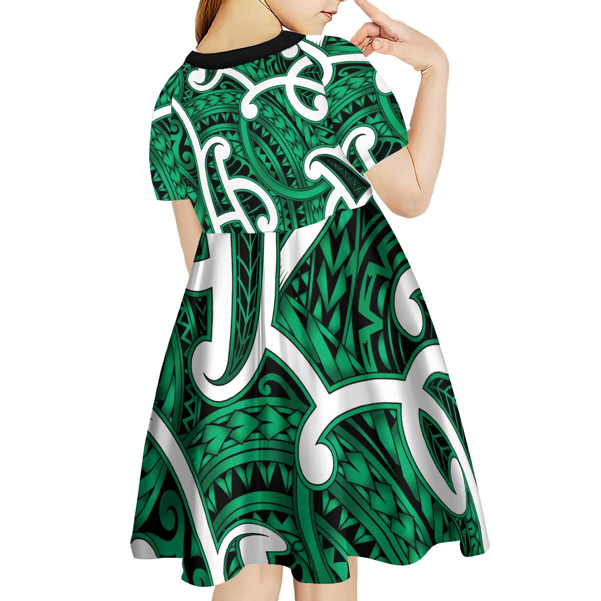 Aotearoa Maori Kowhaiwhai Kid Short Sleeve Dress Kakariki Puhoro and Patiki LT9 - Polynesian Pride
