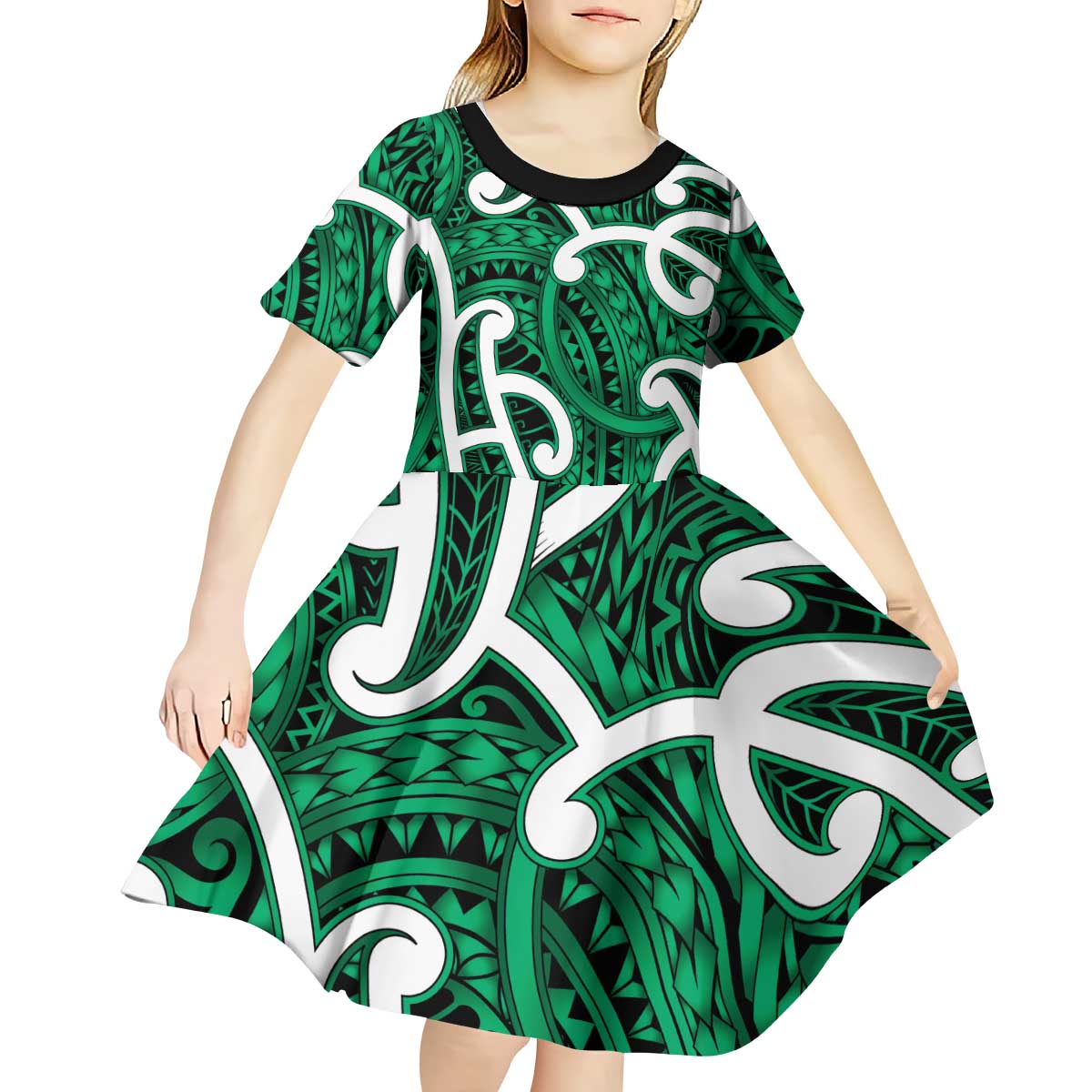 Aotearoa Maori Kowhaiwhai Kid Short Sleeve Dress Kakariki Puhoro and Patiki LT9 - Polynesian Pride