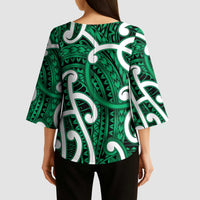 Aotearoa Maori Kowhaiwhai Kimono Sleeve Blouse Kakariki Puhoro and Patiki