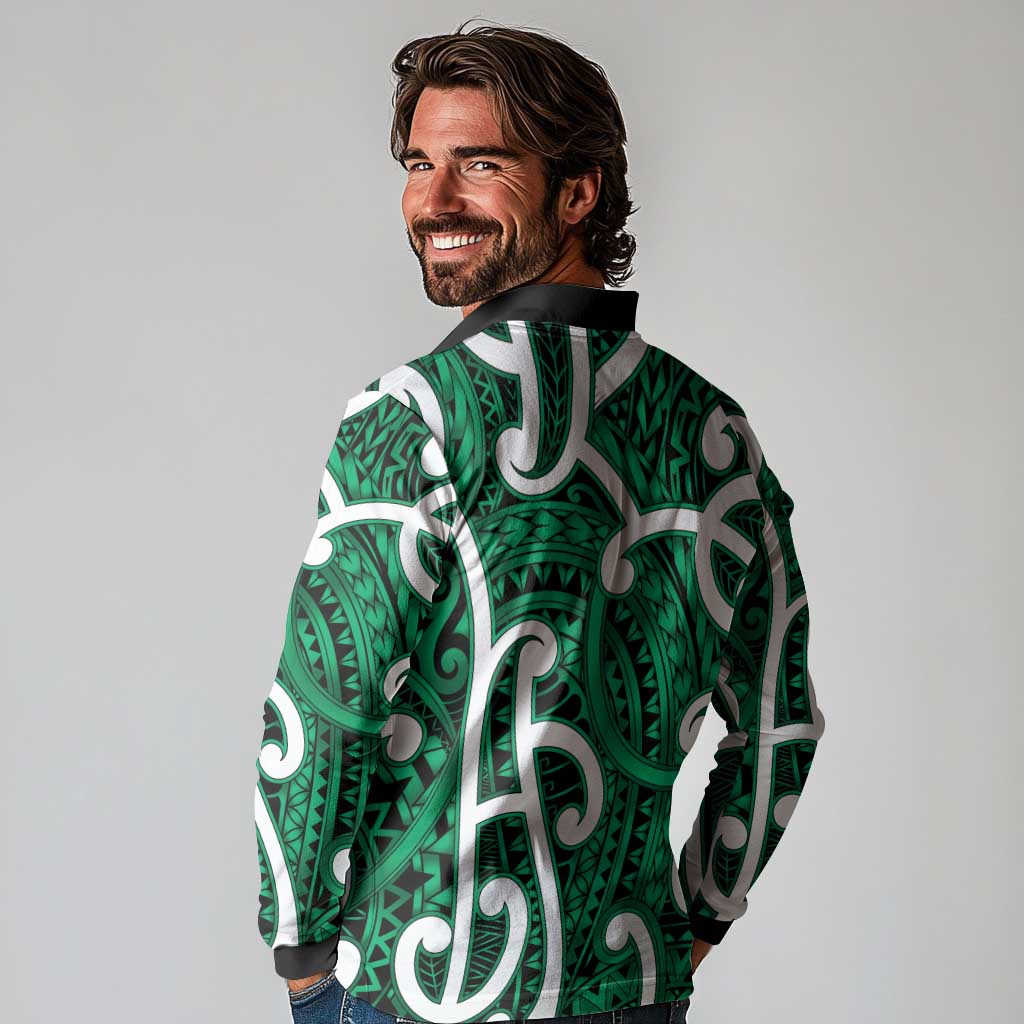 Aotearoa Maori Kowhaiwhai Long Sleeve Polo Shirt Kakariki Puhoro and Patiki