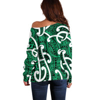 Aotearoa Maori Kowhaiwhai Off Shoulder Sweater Kakariki Puhoro and Patiki