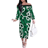 Aotearoa Maori Kowhaiwhai Off The Shoulder Long Sleeve Dress Kakariki Puhoro and Patiki