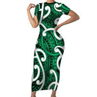 Aotearoa Maori Kowhaiwhai Short Sleeve Bodycon Dress Kakariki Puhoro and Patiki