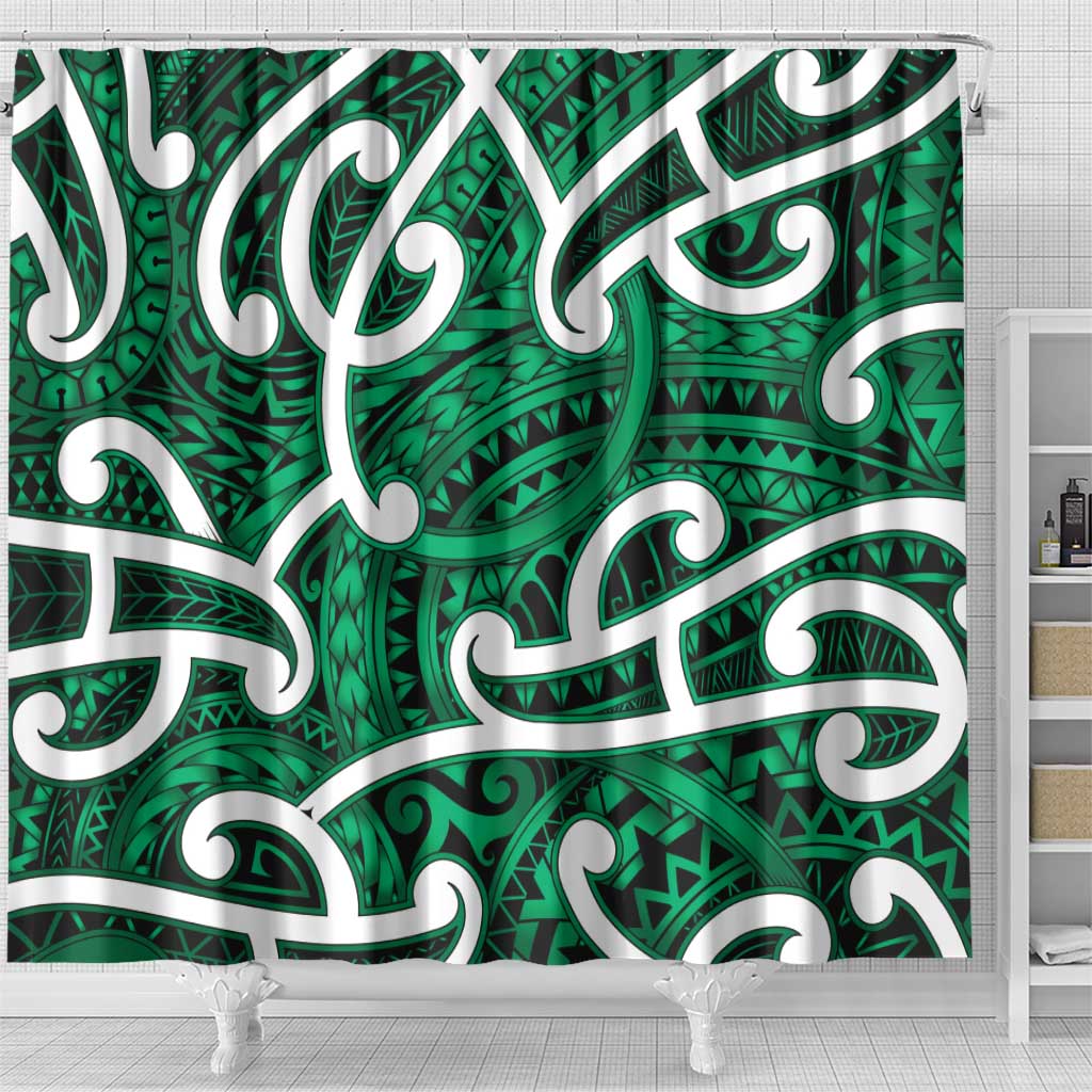 Aotearoa Maori Kowhaiwhai Shower Curtain Kakariki Puhoro and Patiki