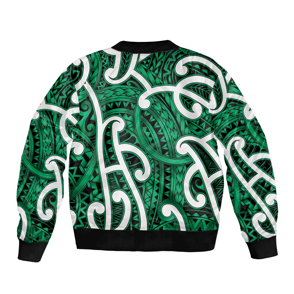 Aotearoa Maori Kowhaiwhai Sleeve Zip Bomber Jacket Kakariki Puhoro and Patiki