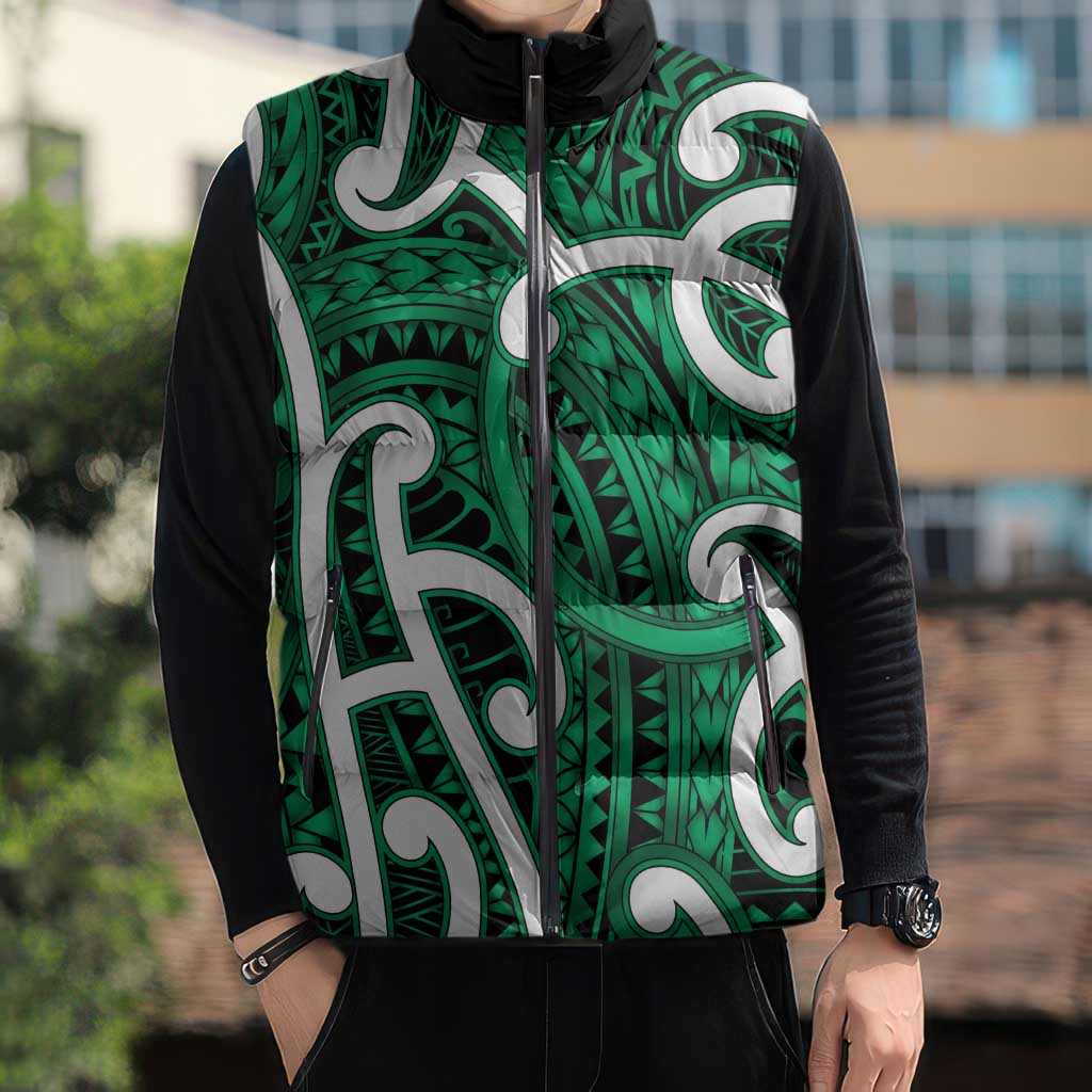 Aotearoa Maori Kowhaiwhai Sleeveless Puffer Jacket Kakariki Puhoro and Patiki