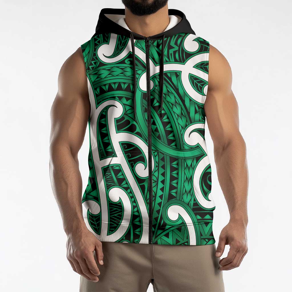 Aotearoa Maori Kowhaiwhai Sleeveless Zip Hoodie Kakariki Puhoro and Patiki