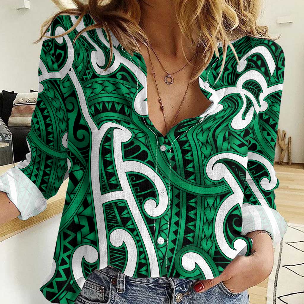 Aotearoa Maori Kowhaiwhai Women Casual Shirt Kakariki Puhoro and Patiki LT9 Female Green - Polynesian Pride