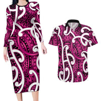 Aotearoa Maori Kowhaiwhai Couples Matching Long Sleeve Bodycon Dress and Hawaiian Shirt Mawhero Puhoro and Patiki LT9 Pink - Polynesian Pride