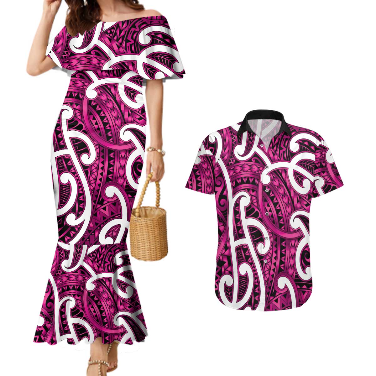 Aotearoa Maori Kowhaiwhai Couples Matching Mermaid Dress and Hawaiian Shirt Mawhero Puhoro and Patiki LT9 Pink - Polynesian Pride