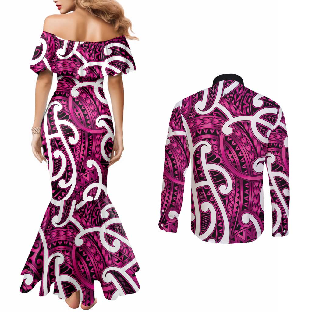 Aotearoa Maori Kowhaiwhai Couples Matching Mermaid Dress and Long Sleeve Button Shirt Mawhero Puhoro and Patiki LT9 - Polynesian Pride